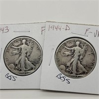 1943 & 1944 D WALKING LIBERTY HALF DOLLARS F VG