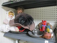 Shelf Lot-Hat,Dolls,Duck,Pewter Candleholder,etc