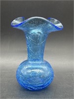 Vintage blue crackle glass small vase