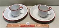 TWO RED TRIMMED ENAMELED CUPS AND PLATES