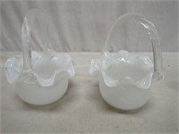 2 glass white and clear small baskets