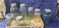 Tray Of (8) Assorted Canning Jars & (5) Zinc Lids