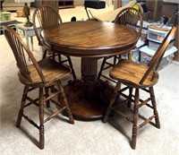 Solid Wood Pedestal Pub Style Table & Four Chairs