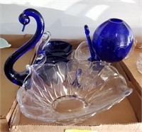 CLEAR AND COBALT SWANS, GLASS,