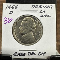 1955-D JEFFERSON NICKEL RARE DOUBLE DIE DDR-007