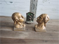 3 BOOK ENDS-1 CAST IRON & 2 POSSIBLY BRASS