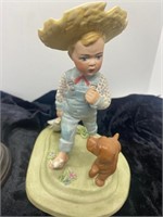 Vtg Little Farmer Boy W/ A Dog And A Fish Figurine