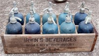 10 vintage blue glass seltzer bottles in wood case