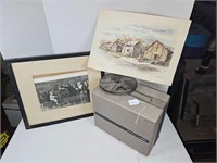 Bell Howell movie projector and two art prints