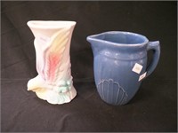 Two pottery items: 6" blue pitcher and 7"