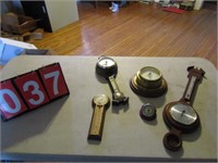 BAROMETERS, THERMOMETER AND SMALL CLOCK