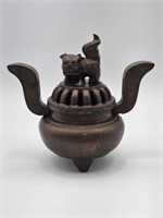 BRONZE CHINESE INCENCE POT WITH DOG-5.75" H X 6" W