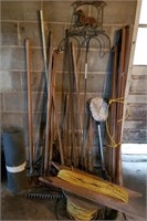 Lot of Rakes, Axe, Fencing, Rope, Hose