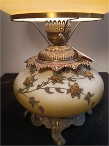 60's / 70's Hurricane Lamp. Ormolu Floral Design.