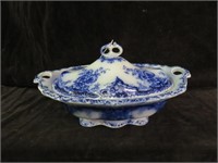 FLOW BLUE COVERED TUREEN-LID AS IS 6"T X 12"W