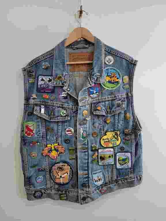 Vintage Denim Vest with Pins and Patches