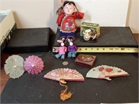 vtg mini Japanese hand fans + vtg Chinese dolls &