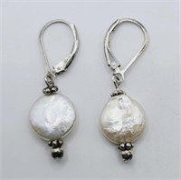 Sterling Silver Pearl Coin Drop Earrings