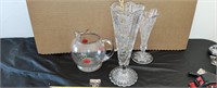 Glass with cherries potcher,2 crystal vases