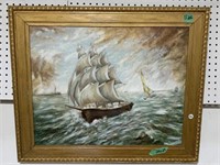Framed Painting On Board (ship) Signed Jh