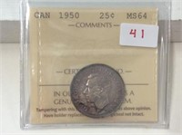 1950 (iccs Ms64) Canadian Silver 25 Cent
