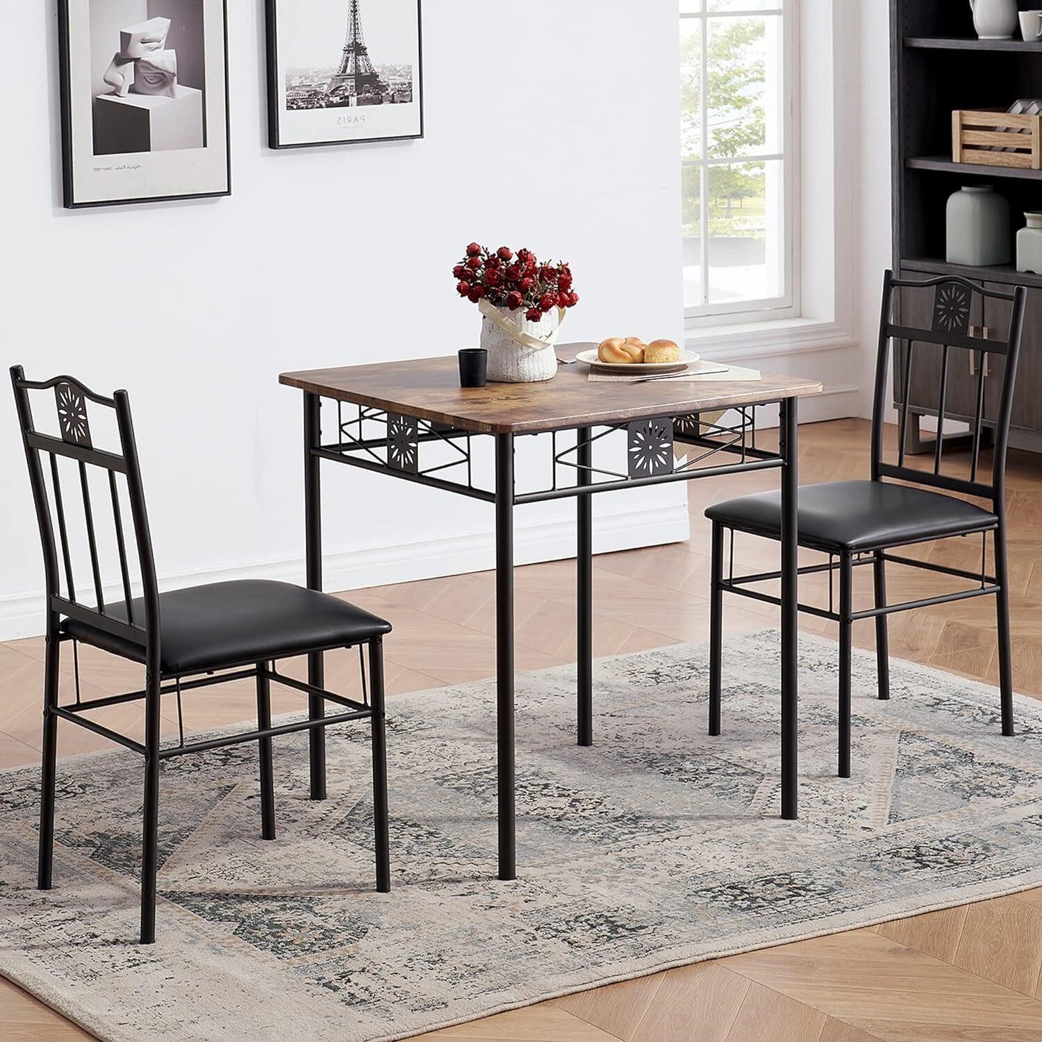 VECELO Small Dining Table Set for 2  Retro-Brown