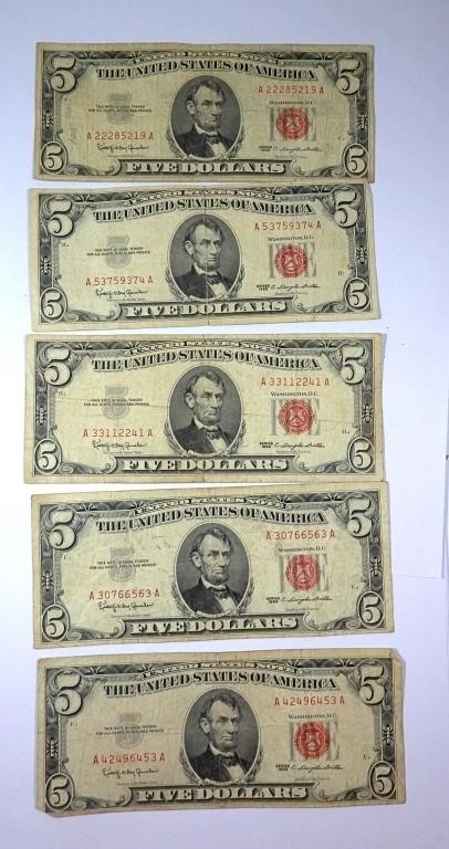 (5) 1963 $5 RED SEAL U.S. NOTES