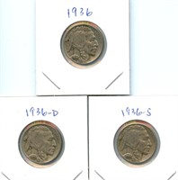 1936 P, D & S Buffalo Nickels