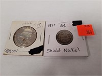 1867 Shield Nickel - 1962 Half Dollar 90 % Silver