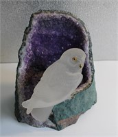 Glass Owl Perched on Amethyst Geode. Height 10.25"
