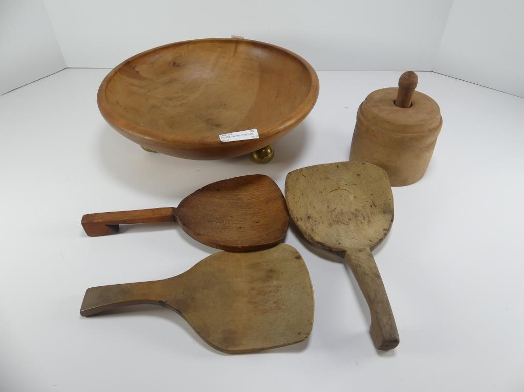 WOODEN BOWL, PADDLES, BUTTER MOULD