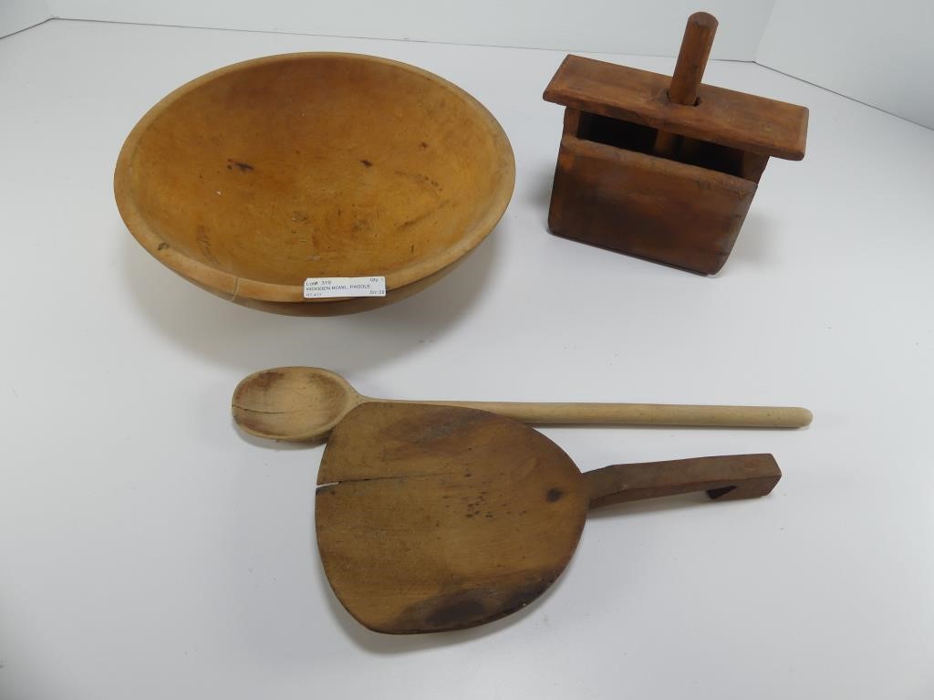 WOODEN BOWL, PADDLE, SPOON, BUTTER MOULD