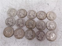 Lot of 15 1944-1949 Silver Washington Quarters