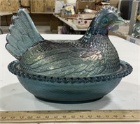 Blue/ Green Carnival glass Hen on a Nest