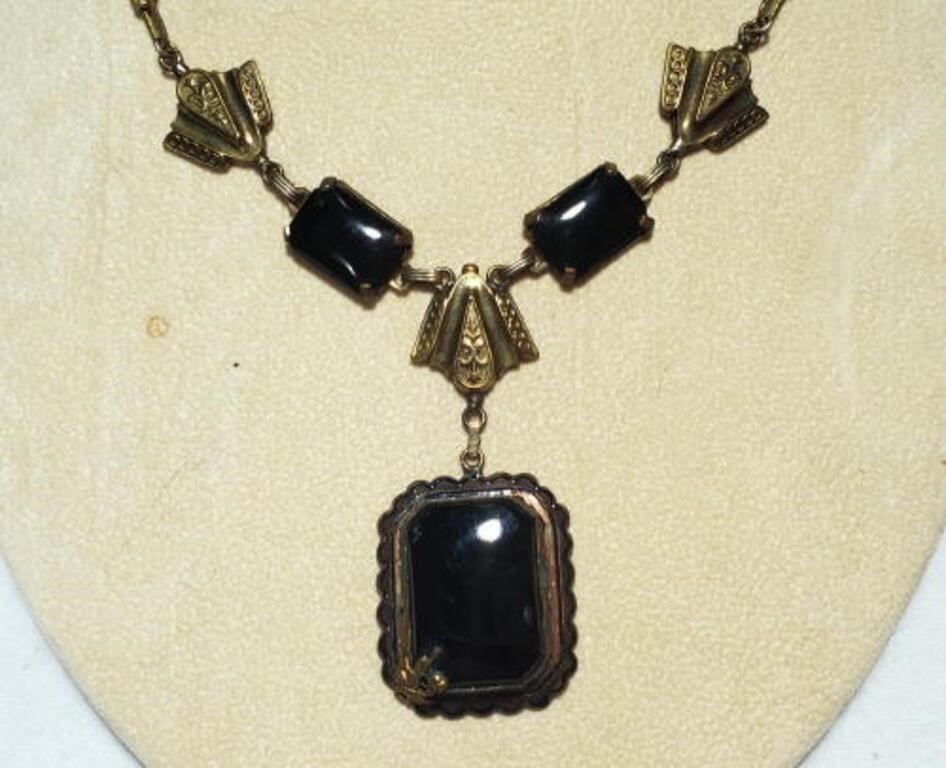 Vintage Jet Black & Brass Art Deco necklace