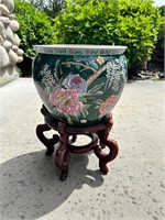 Oriental Fish Bowl Planter with Wood Stand