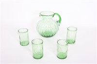 Vintage Hand Blown Green Glass Pitcher, Tumblers
