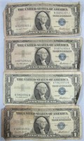 4) $1 ONE DOLLAR SILVER CERTIFICATES 1935 & 1957