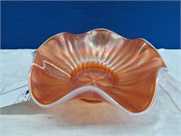 30s 40s Orange Carnival Glass Ruffled Bowl W/ Star