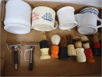 Flat of mens shaving brushes, razors and cups