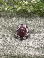 Red Moss Agate Stone w Amber Gem Sterling Ring
