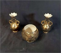 24k Gold Covered Vases and Bowl