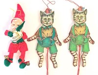 Vintage Cats Pull String Puppets & Santa Ornaments