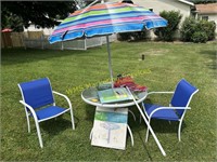 2 Lawn Chairs, Table, Umbrellas