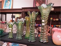 Six Ripple Green pattern carnival glass vases by