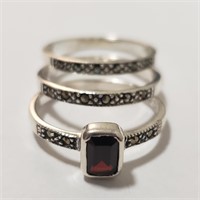 $120 Silver 3 Stackings Garnet Marcasite Ring