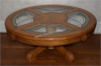 (L) Round Glass-Top Oak Coffee Table