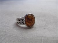 Sterling Silver & Amber Corbochon Lady's Ring