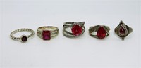 (5) New & Vintage Ruby Red Rings 925