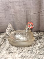 Vintage Red Comb Chicken on a Basket Dish